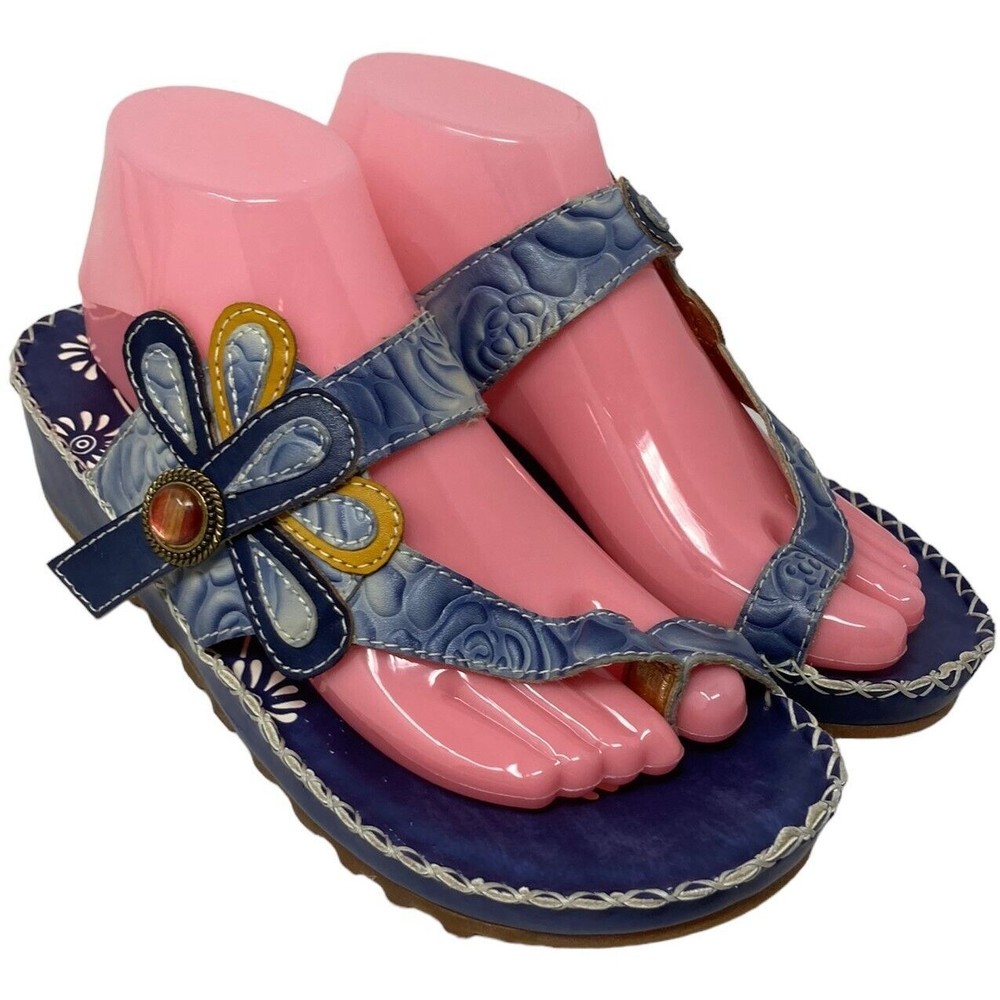 Spring Step Size 9 US Sandals Platform Blue Floral Leather Shoes Size 40 EU - Picture 2 of 9